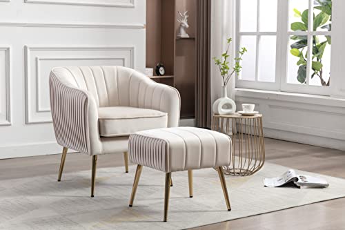 Kcc Velvet Modern Tub Barrel Arm Chair Upholstered Tufted Sofa Chair With Gold Metal Legs Accent Club Chair With Ottoman Footrest For Living Reading Room Bedroom,Beige #TOP11