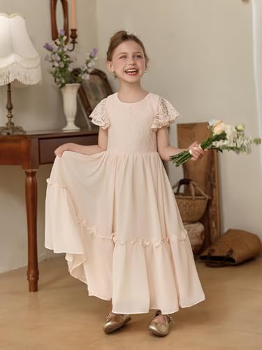 JISISANG Boho Flower Girl Ruffle Chiffon Dress Lace Embroidery First Communion Dress Ruched A-Line Long Wedding Party Dresses2