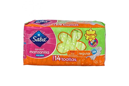 Cuidado Femenino, Drugstore Saba Toallas Sanitarias para Dama Confort Manzanilla sin Alas Regular, color Naranja/Verde, 14 Piezas