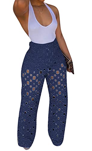 CHARTOU Women Chic High Waisted Hollow Out Denim Pants Cutout Ripped Jeans Wide Leg Party Night Out Punk