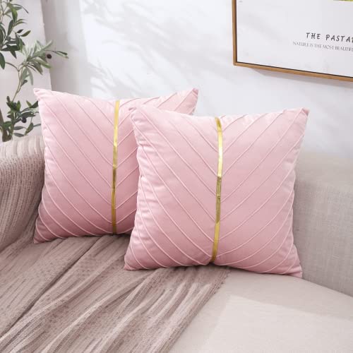 Tosleo Pink Velvet Throw Pillow Covers 26X26 Pack Of 2 With Gold Leather,Valentines Day Decor Couch Luxury Modern Pillow Covers For Wedding Living Room Bedroom Sofa Cushion Bed(Pink,26X26,Set Of 2) #TOP1