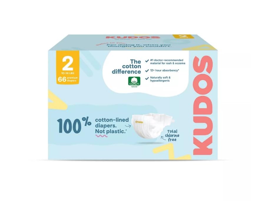 Image of Kudos Chlorine Free Premium Diapers, 100% Cotton-Lined, Size 2, 66 Count, 10-14 lbs
