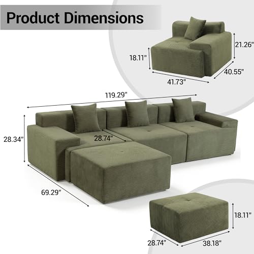 Image of 119'' Modular L-Shaped Boneless Sectional, Corduroy Deep Seat Cloud Sectional Couch, Small Space Sofa for Apartment Living Room Bedroom, No Assembly, Green
