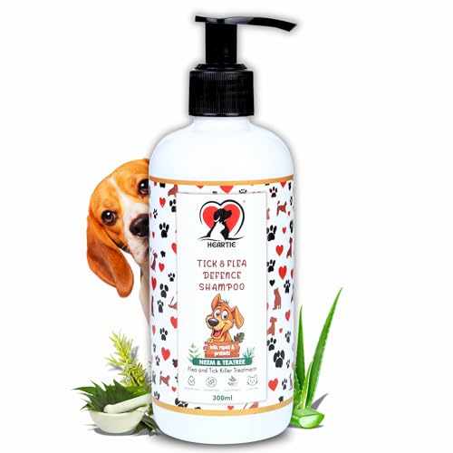 Image of HEARTIE Tick and Flea Defence Shampoo | 300 ml Paraben Free Anti tick Shampoo & Flea Remover | Dog Ticks Shampoo & Cat Shampoo with Neem, Aloe Vera, Tea Tree, Vitamin E | Dog Shampoo for Tick
