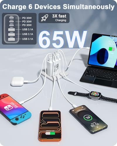 Image of 2-Pack 65W USB C Charger Block, 6-Port Fast Wall Charging Block [3 PD USB-C & 3 QC USB-A] for iPhone 17 16 15 Pro Max, iPad Pro, Galaxy S26 S25, Pixel 10 9, iWatch,Google & More