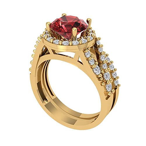 2.32ct Round Cut Natural Garnet 14K Yellow Gold Halo Solitaire W/Accents Engagement Bridal Wedding Ring Band Set2