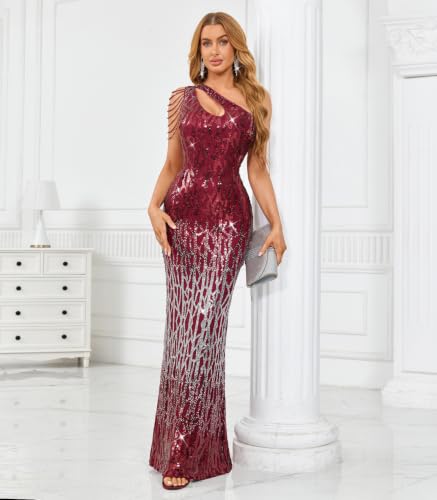 Image of Cololura Women Sequin Elegant Sexy One Shoulder Tassel Mermaid Bodycon Cocktail Evening Dress