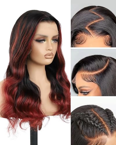 Topunique 13x6 Burgundy Red Highlight with Dark Roots Skinlike HD