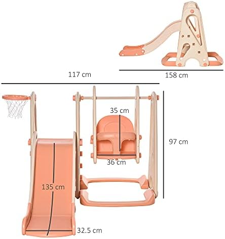 HOMCOM 3 in 1 Design Kids Swing and Slide Set with Basketball Hoop Toddler Playground Play Set Fun Climber Set Activity Center Indoor and Outdoor Play Equipment Pink