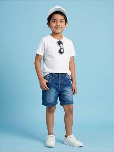 Image of KiddoPanti Boys Knee-Length Denim Shorts | Stretchable Cotton Poly Denim | Comfortable Fit with Button Elasticated Waistband & Zip Fly