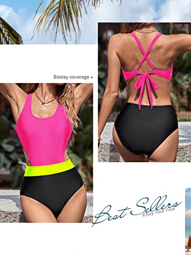 Molybell Women's One Piece Swimsuits Criss Cross Cutout High Waisted Bathing Suit Monokini For Teen Girls (Pink+Black,Medium) #TOP4