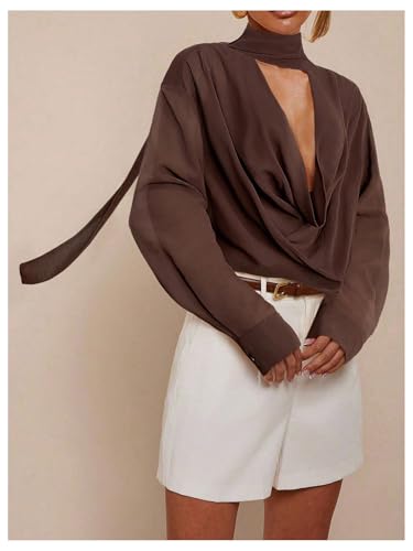 SHENHE Women's Cowl Neck Blouse Long Sleeve Draped Sexy Dressy Sheer Blouse Top with Scarf