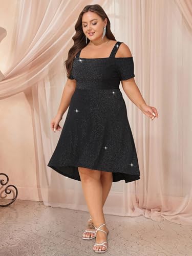 ZNU Women’s Plus Size Cocktail Dresses - 2025 Summer Elegant Glitter Cold Shoulder Evening Party Dress A-Line Midi Dress4