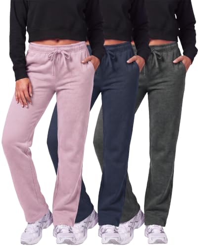 Image of Real Essentials 3 Pack: Women's Relaxed Fit Fleece Open Bottom Sweatpants - Casual Athleisure (Available in Plus)