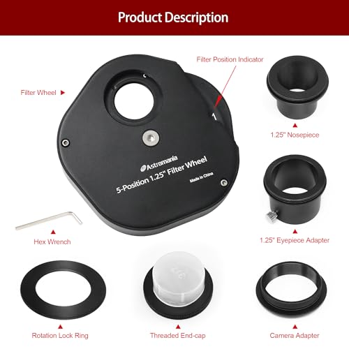 Astromania Filter Wheel for Telescope, Filter Drawer Compatible with 1.25 Inch Telescope Filter for Planet Moon Nebula Observation, 5-Position Filter Wheel Holder Telescope Accessories with T-Adapter