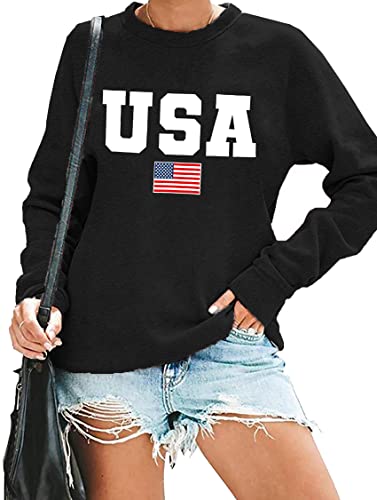 Image of LAZYCHILD USA Sweatshirt Women American Flag Shirt Patriotic TShirt Stars Stripes Pullover 4th of July Tee Tops
