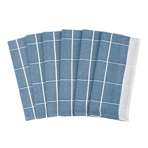 Clarysse Lot de 6 torchons de cuisine en coton avec crochet de suspension, 50 x 70 cm, blanc à carreaux, bleu