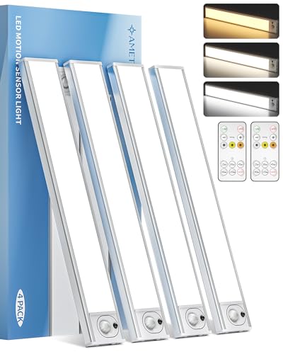 AMETHEUS 12inch Under Cabinet Lighting with Remote, 2400mAh Rechargeable Motion Sensor Light Indoor, Wireless Closet Lights, Dimmable, 3 Color Temps, Magnetic for Kitchen, Stairs (4 Pack)