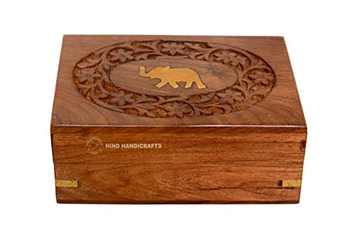 Hind Handicrafts Boîte à bijoux/urne en bois faite à la main en forme d'éléphant gravé à la main pour bijoux femme-homme - Rangement et organisateur (15,2 x 10,2 x 6,3 cm, naturel) Cover