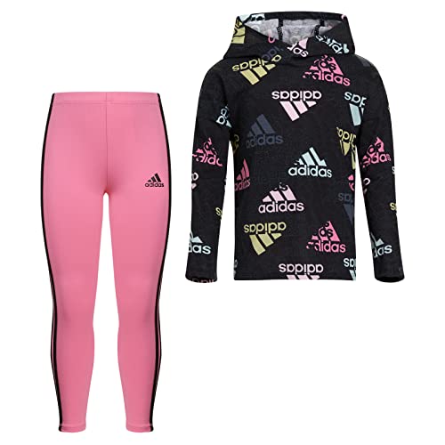 adidas Girl's Long Sleeve Graphic Hooded Tee and Printed Tights Set, Black with Multicolor, 6X