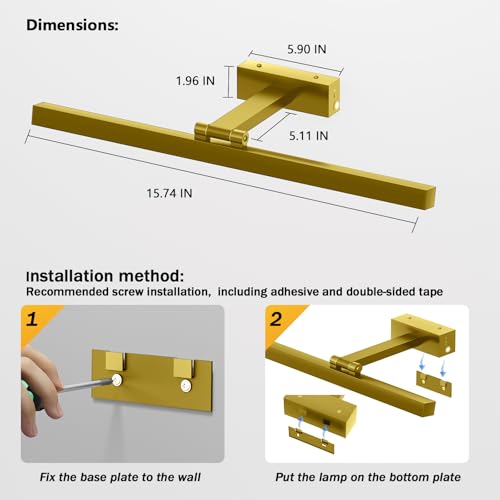Image of Rechargeable Picture Light,15.74 Inch Battery Operated Wall Mounted Art Lamp with Remote,4000mAh Long Lasting,3 Color Dimmable Timer,270 Adjustable Gallery Poster Light(Brass)