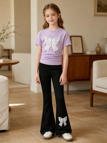 Image of Girls Clothes 2 Piece Short Sleeve Lace Bow Print Tops Flared Pants Set Little Girl Outfits Size 7-14