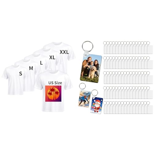 Joyclub Bundle of 5 PCS Unisex Sublimation Polyester T Shirts and 240 pcs Sublimation Keychain Blanks