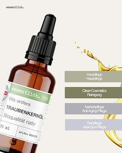 wesentlich. Traubenkernöl Bio 50ml mit Pipette | Kaltgepresst & Hautstraffend | Leichtes Öl für Gesichtspflege & Massage | 100% Natürlich