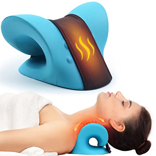 Neck Stretcher for Neck Pain Relief, Heated Cervical Traction Device Pillow with Graphene Heating Pad, Neck and Shoulder Relaxer for TMJ Pain Relief and Cervical Spine Alignment (Blue)