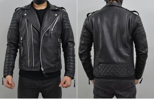 Image of Mens Leather Jacket - Biker Leather Jacket For Men - Lightweight Slim Mens Leather Motorcycle Jackets Black Real Lambskin
