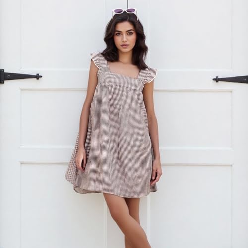 Image of Women Summer Floral Embroidery Dress Sleeveless Ruffle Loose A-line Mini Dress Beach Clubwear Streetwear