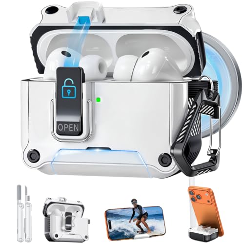 Image of Dual Safety Lock for AirPods Pro 3 Case, Magnetic MagSafe Charging Cover | with Automatic Switch & Hidden Phone Stand, Includes a Cleaner & Keychain - Rugged Tough Hard Shell, Minimalist White