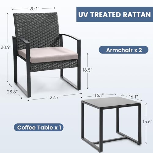 Murago 3 Piece Wicker Patio Bistro Set, Rattan Conversation Set with Coffee Table, for Balcony, Porch, Garden, Yard, Poolside, Black Frame with Grey Cushion