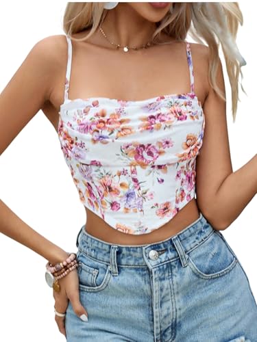 Image of mikuchiku Women's Floral Corset Tank Top, Printed, Sleeveless Crop Top