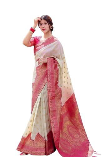 Womens Banarasi Silk Saree in Cream with Pink Zari Border Elegant Traditional Saree with Blouse Piece