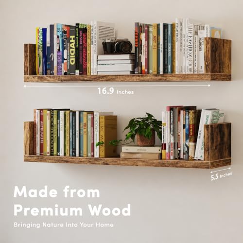 Image of Wall Bookshelf, Set of 3, U Shaped Floating Bookshelf, Hanging Bookshelves for Wall, Wall Mounted Shelves for Living Room Bedroom Office (Rustic Brown, 17 Inches, 3)