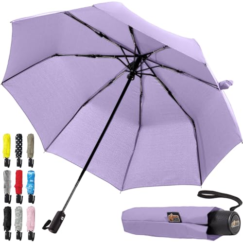 Image of GORILLA GRIP Compact Travel Size Umbrella for Rain, Sleek Design Fits Backpack, Purse and Carry On, Lightweight Under 1lb, One Click Open and Close, Wind Resistant, Durable Waterproof, Purple