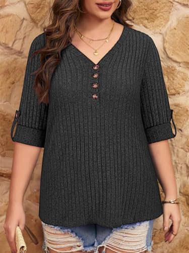 Image of Koscacy Women Plus Size V Neck 3 /4 Roll Sleeve Sweater Casual Knit Tops Solid Color Blouses