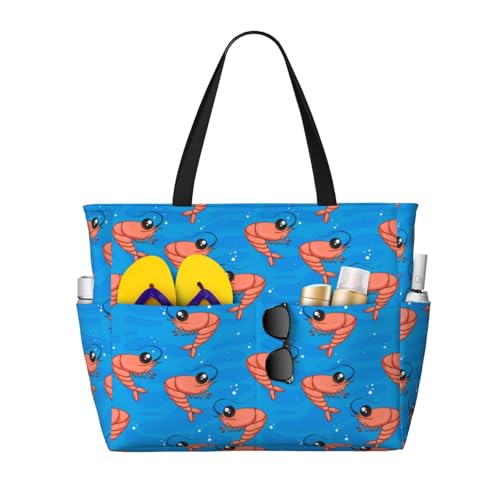 Large Beach Bags Water-resistant Sandproof - Cartoon Shrimp Print Blue Cute Beach Tote Bags for Women with Zipper