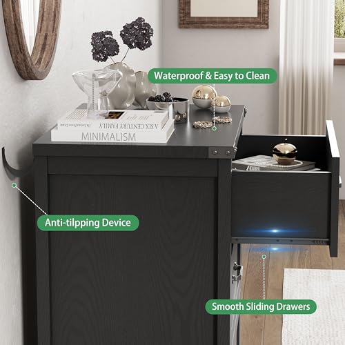 Image of Nightstand with 3 Drawers, 24 inch Wide Farmhouse Bedside End Table, Rustic Wood Side Table Night Stand with Mental Handle, Tall Modern Small Dresser Chest of Drawers for Bedroom, Living Room, Dorm, Black