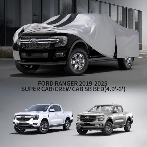 Image of Ford Ranger Truck Cover Custom Fit 2019-2026 Super Cab /Crew Cab Short Bed (4.9'-6') With Door Zipper, 10 Layers Pickup Truck Cover Waterproof All Weather, Car Tarp for Wind Dust Sun UV etc Protection.