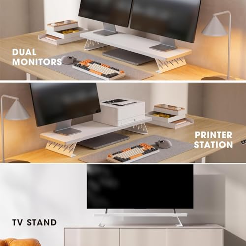 Image of 58180 Monitor Stand Riser for Desk 80cm Large Computer Monitor Stand for 2 Monitors Wooden Desk Organizer Stand for PC, Laptop, Printer, TV Screen - White base - White top