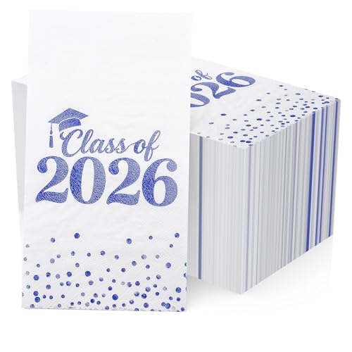Graduation Napkins Class Of 2026 Disposable Congrats Grad Paper Guest Hand Towels For College High School Grad Class Congrats Celebration For Dinner And Cocktail Party Decorations (50 Count Blue)
