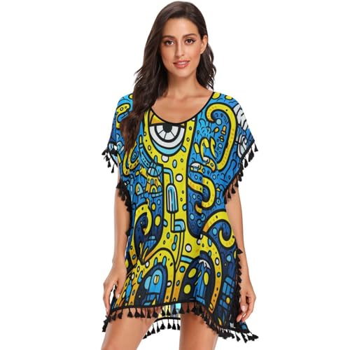 Abstract Doodle Art Octopuses Women's Beach Cover Up Chiffon Tassel Swimwear Swimsuit Coverups for Girl