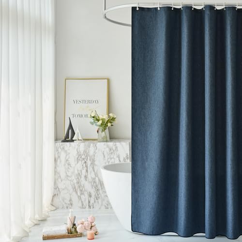 youngseahome Boho Shower Curtain for Bathroom,Denim Blue with Border,Faux Linen
