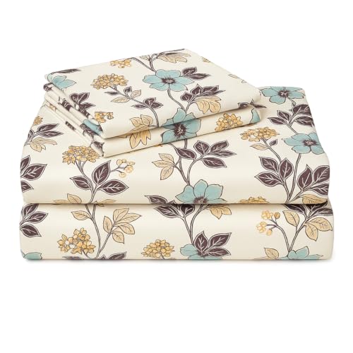 Image of SANMARINO 210TC Cotton King Size Bedsheet with 2 Pillow Covers | Premium Floral Print Design Flatsheet |Ultra Soft Breathable Skin Friendly Bedding Set for All Season Use 90 x 100 Inch,Taupe