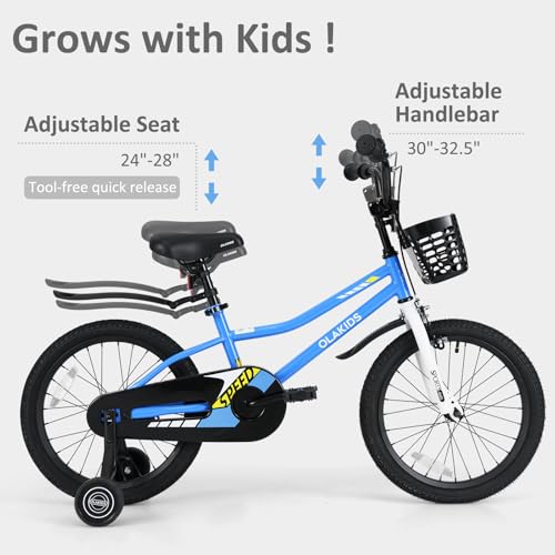 Image of Olakids Kids Bike, 12 14 16 18 Inch Toddlers Bike with Training Wheels Basket Adjustable Seat and Handlebar, Handbrake and Coaster Brake, Children's Bicycle for Boys Girls 3-8 Years Old