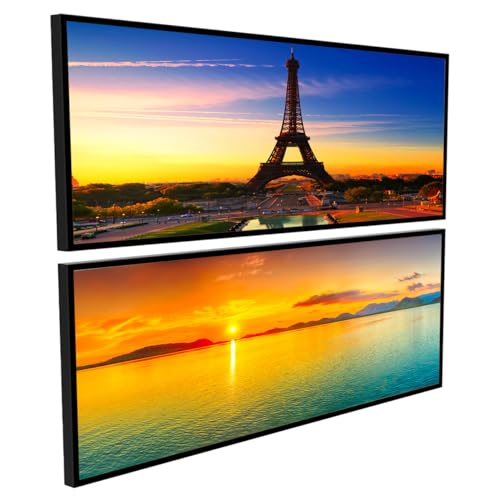 Image of PAINTINGMANTRA Modern City of Love Eiffel Tower & Sunset Poster Framed Art Print For Living Room, Decorative Home & Wall Decor - Set Of 2 (Black Frame, 8x18 Inch)