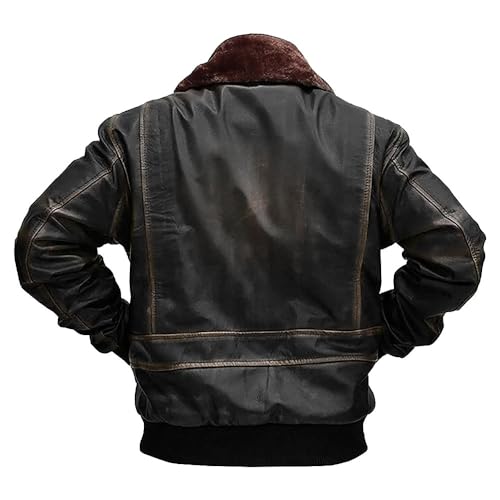 Image of Mens G-1 Fur Collar US Navy Flight Distressed Brown Aviator Genuine Leather Jacket