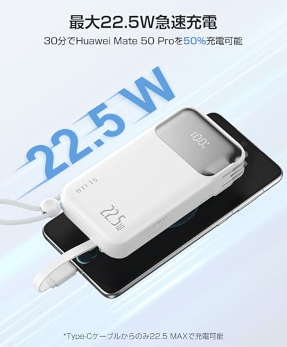 Cheergo モバイルバッテリー10000mAh コンセント一体型 折りたたみ式プラグ 22.5W急速充電 USB-C出力/入力 4台同時充電 iPhone充電ケーブル&Type-C ケーブル内蔵 LEDディスプレイ スマホ充電器 iPhone 17/16/15/Nexus/Samsung S25/S24/S23 Sony/Sharp/Kyocera/LGなど充電対応 の商品画像 4